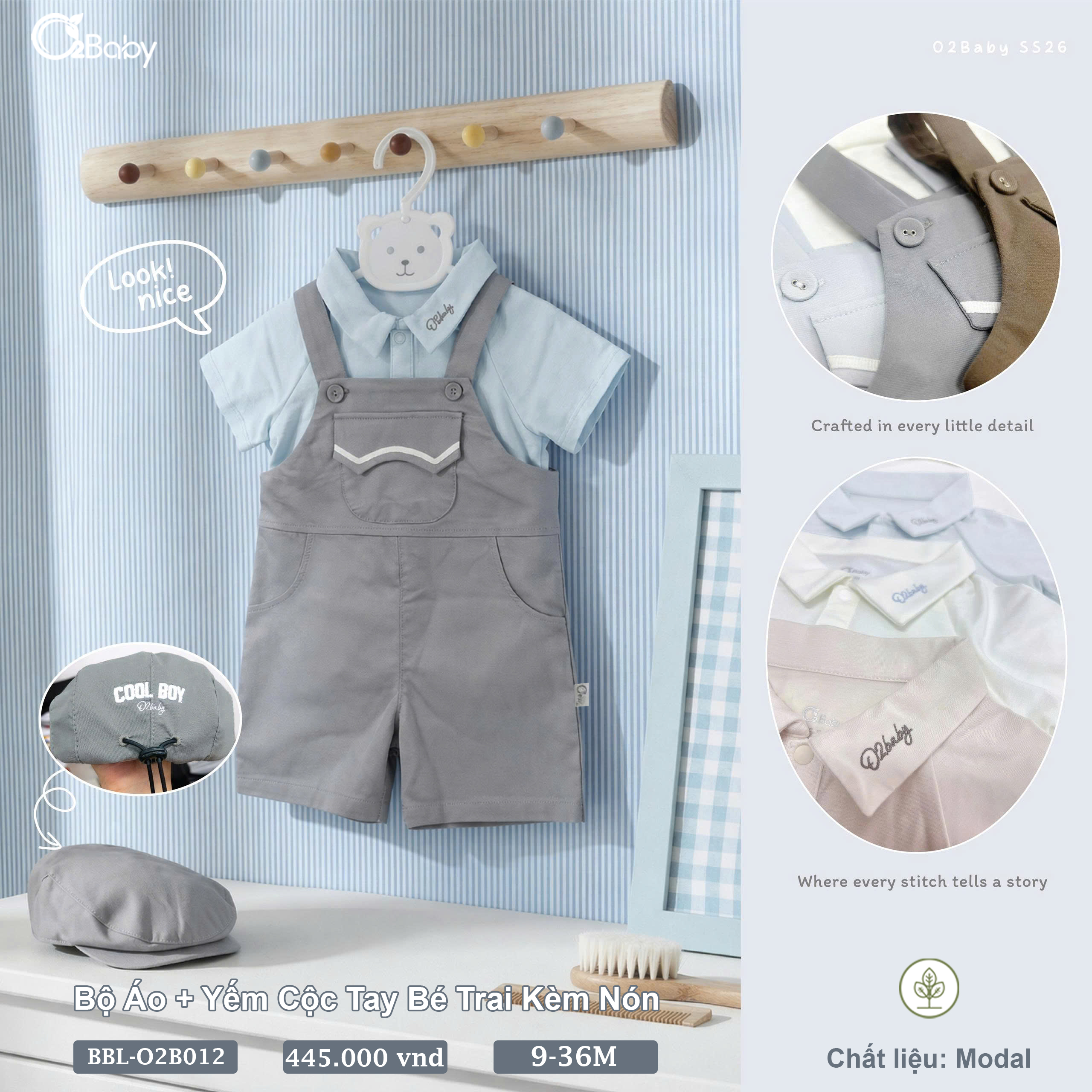 Bộ Áo + Yếm Cộc Tay Bé Trai Kèm Nón (9-36M) - Ảnh 3