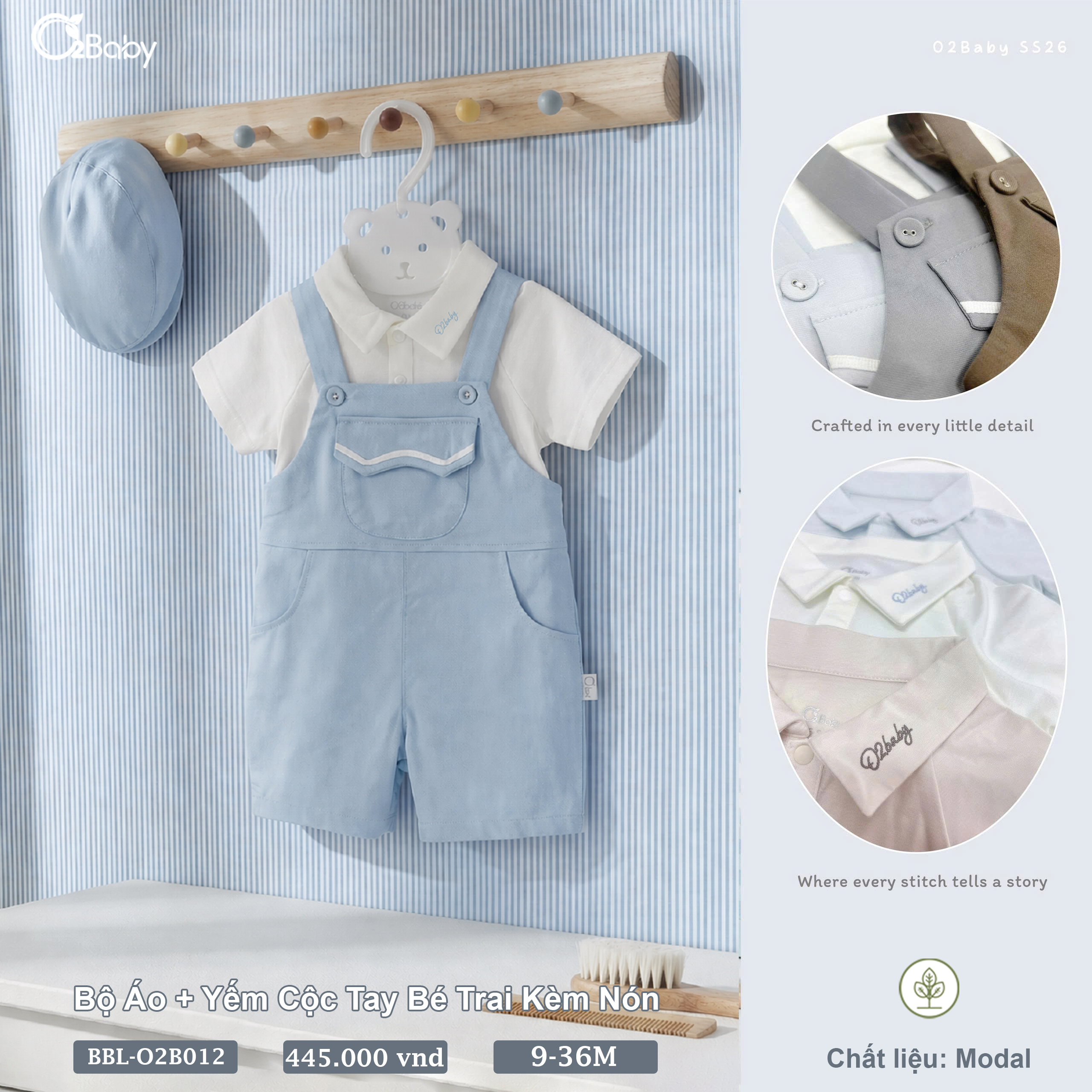 Bộ Áo + Yếm Cộc Tay Bé Trai Kèm Nón (9-36M) - Ảnh 4